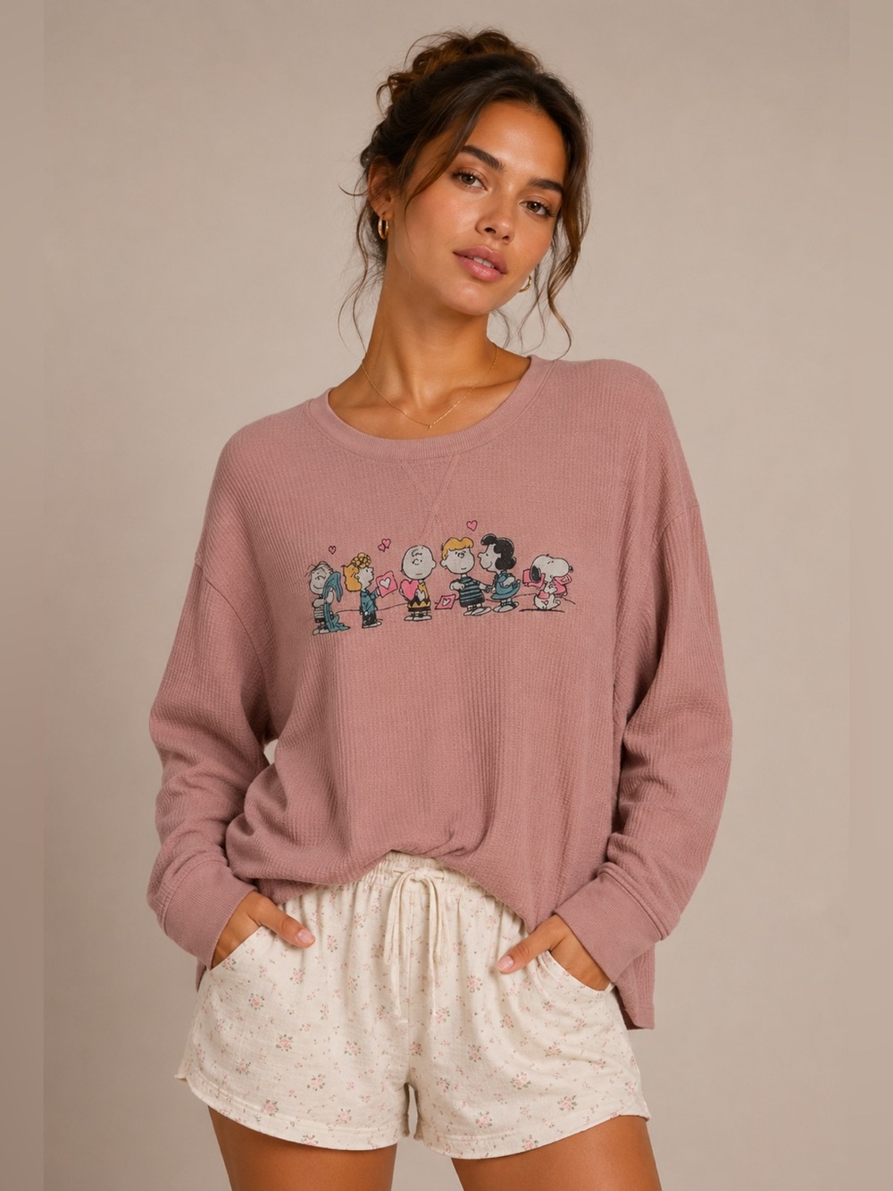 Peanuts Snoopy Waffle Knit Thermal Top Oversized Pink Long Sleeve Small-X Large
